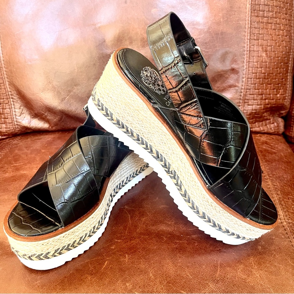Vince Camuto Marietter Genuine Croc Embossed Leather Wedge Slingback Sandals Sz8 - Picture 5 of 14